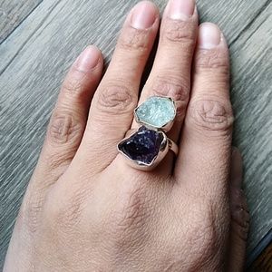 Amethys Aquamarine raw stone Ring Sterling Silver